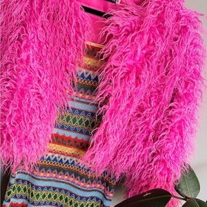 Hot Pink Shaggy Faux Fur Cropped Statement Jacket (M)